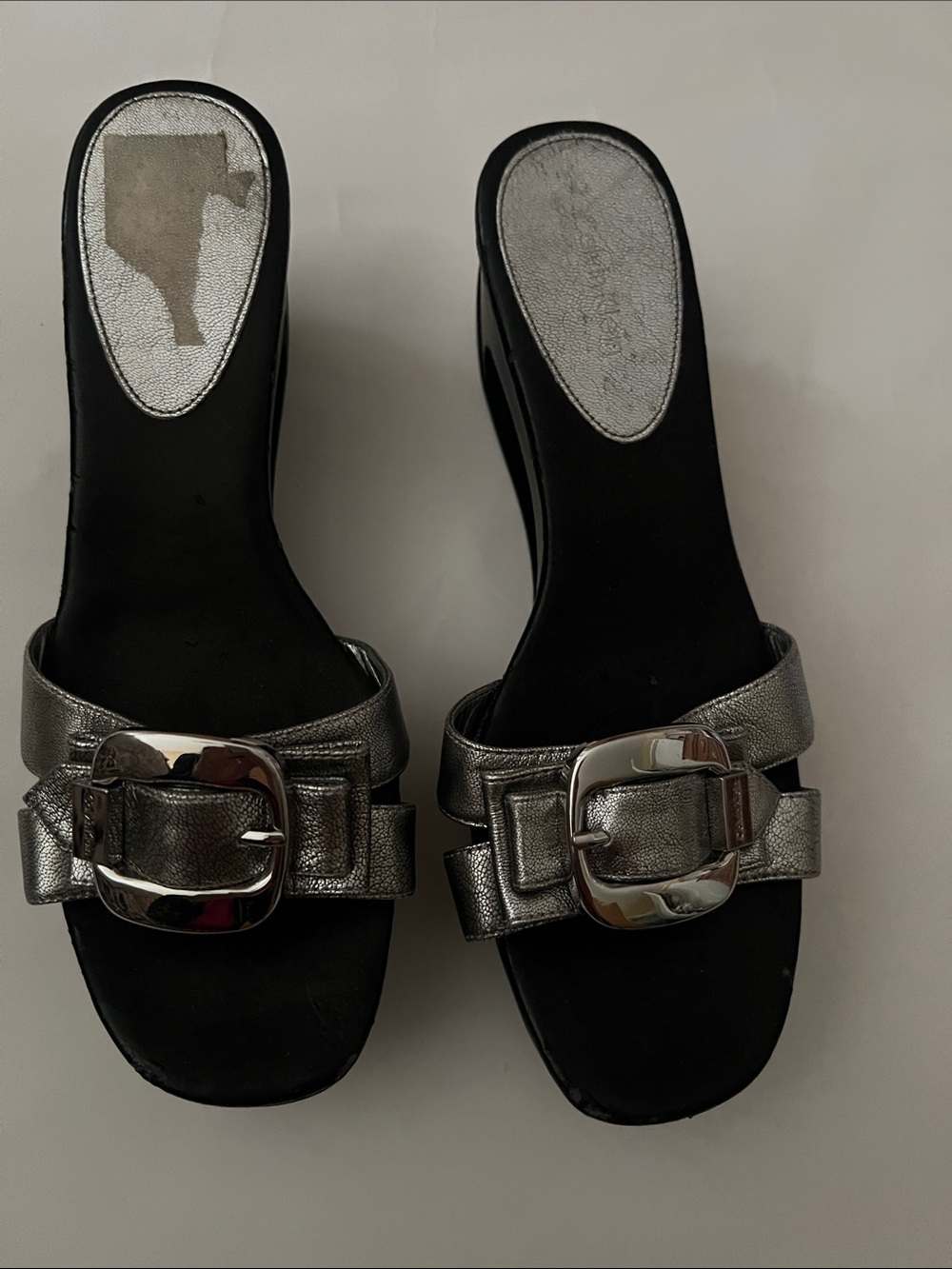 Calvin Klein Metallic Silver Buckle Slide Mules